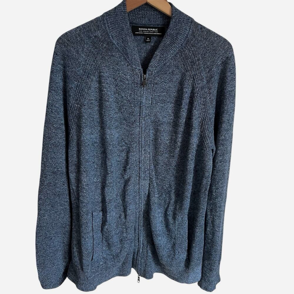 Banana Republic Linen Full Zip Cardigan Sweater Gray Blue Men's XL Summer Casual